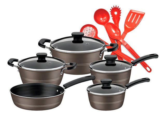 Jogo De Panelas Tramontina 5 Pçs Sicília E Utensílios 5pçs Cor Utensílios Vermelho